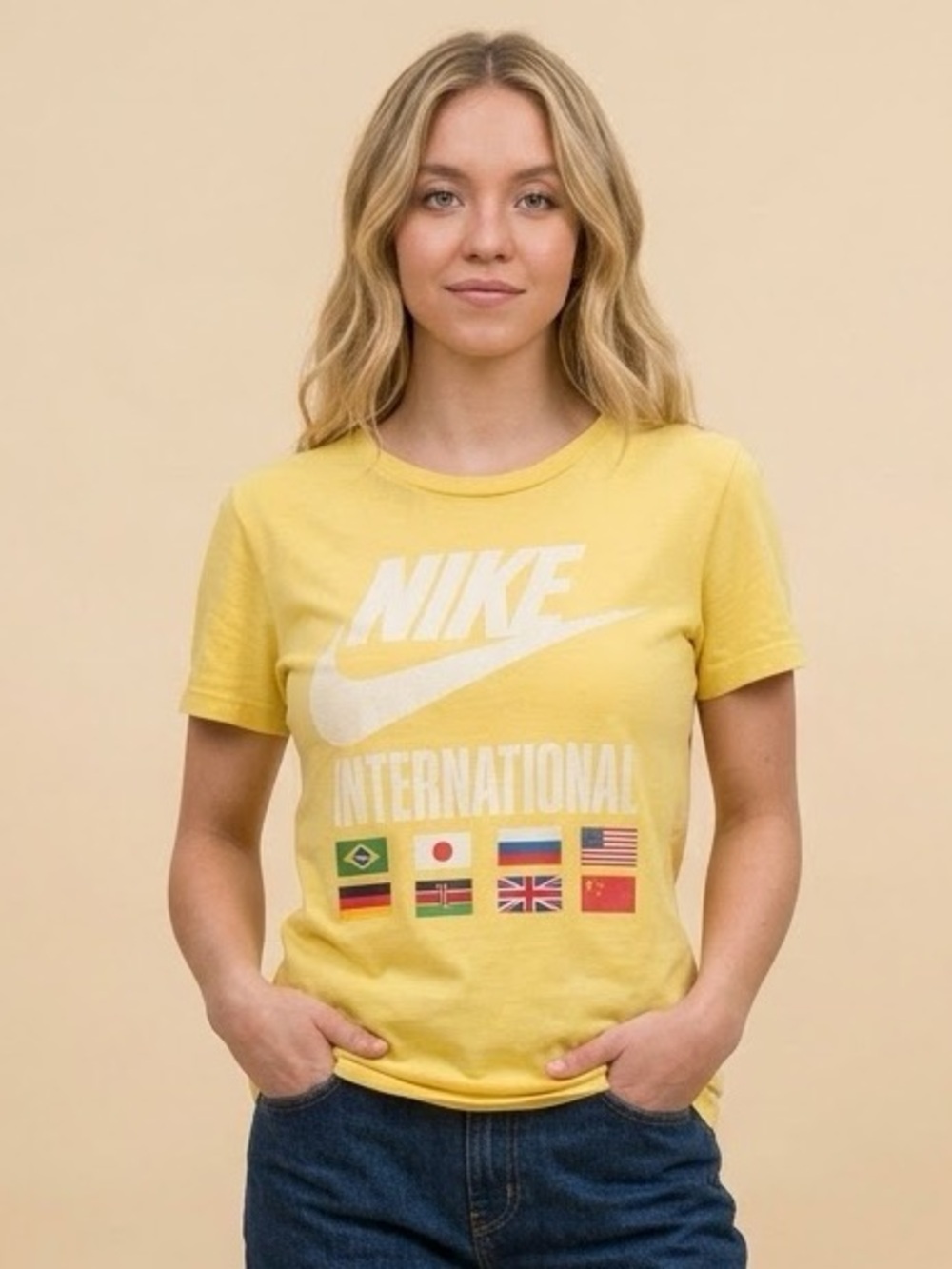 Vintage 90s Nike Yellow Track & Field International Flags Thin Tee T-Shirt - S